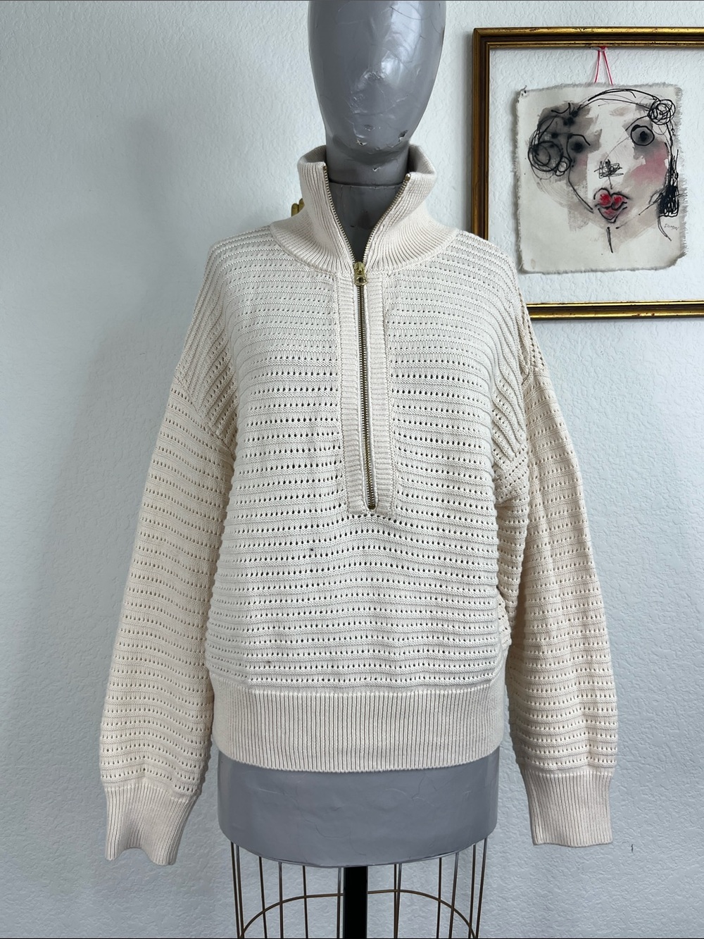 Varley Tara Pointelle Half Zip Knit Crochet Pop Over Cream